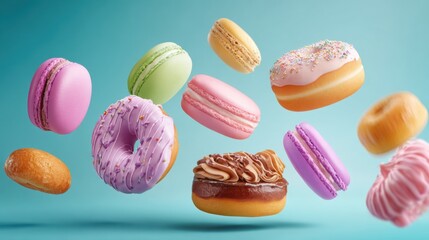 Obraz premium A vibrant collection of donuts and macarons is suspended in mid-air, showcasing various flavors and colors. This cheerful display highlights the joyful nature of desserts.