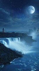 A serene nighttime view of Niagara Falls under a full moon, showcasing the majestic beauty of the falls against a backdrop of a city skyline.