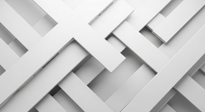 Abstract image of intersecting white rectangular shapes creating a geometric pattern, showcasing a clean and minimalist design suitable for modern backgrounds or presentations