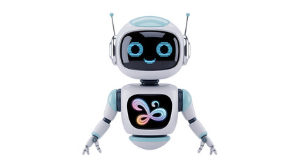Friendly robot with a glowing smile and logo, perfect for tech startups and innovative brands