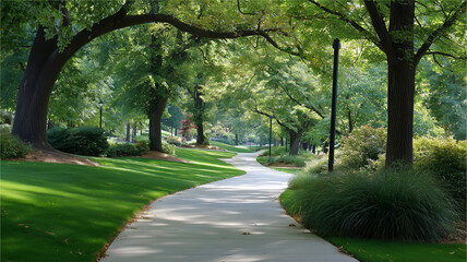 Obraz premium 初夏の緑の公園に続く曲がる遊歩道の風景と日差し