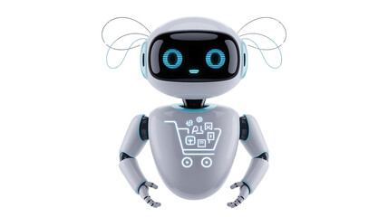Friendly shopping robot assisting with online purchases, AI for retail and ecommerce solutions