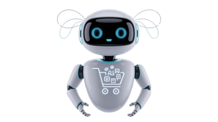 Friendly shopping robot assisting with online purchases, AI for retail and ecommerce solutions