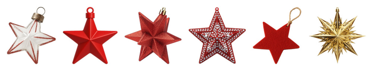 Christmas star ornament set including glass, felt, glitter, jeweled, and metallic styles isolated. Festive holiday decoration collection.