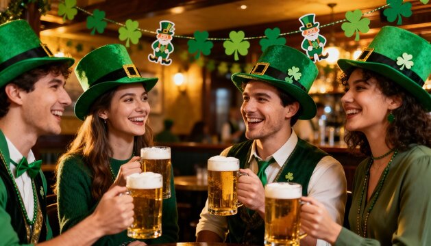 smiling friends in green hats celebrating St. Patrick’s Day at pub, holding beer mugs, festive decorations, realistic photo