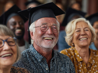 Fototapeta premium Joyful seniors celebrating graduation together in cap and gown with smiles and laughter in a festive atmosphere filled with happiness and achievements.