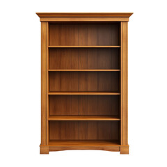 A tall wooden bookshelf, A tall wooden bookshelf constructed from wood, displaying books across its several shelves in an organized manner, isolated on transparent background