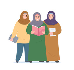 Muslim girls in hijabs, holding a book in their hands, reading and gaining knowledge. Vector flat graphics.