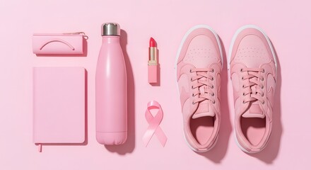 breast cancer awareness - flat lay of Pink items for breast cancer awareness including shoes and lipstick