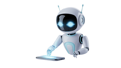 Friendly robot interacts with a smartphone, offering assistance and innovative tech solutions