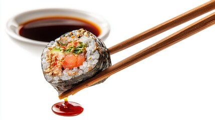 Chopsticks hold a colorful sushi roll above a small bowl of soy sauce. The roll features layers of fresh vegetables and fish, and sauce drips from it, enhancing its appeal.