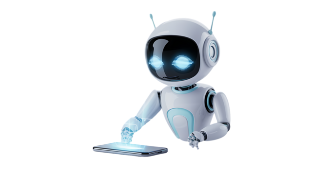 Friendly robot interacts with a smartphone, offering assistance and innovative tech solutions