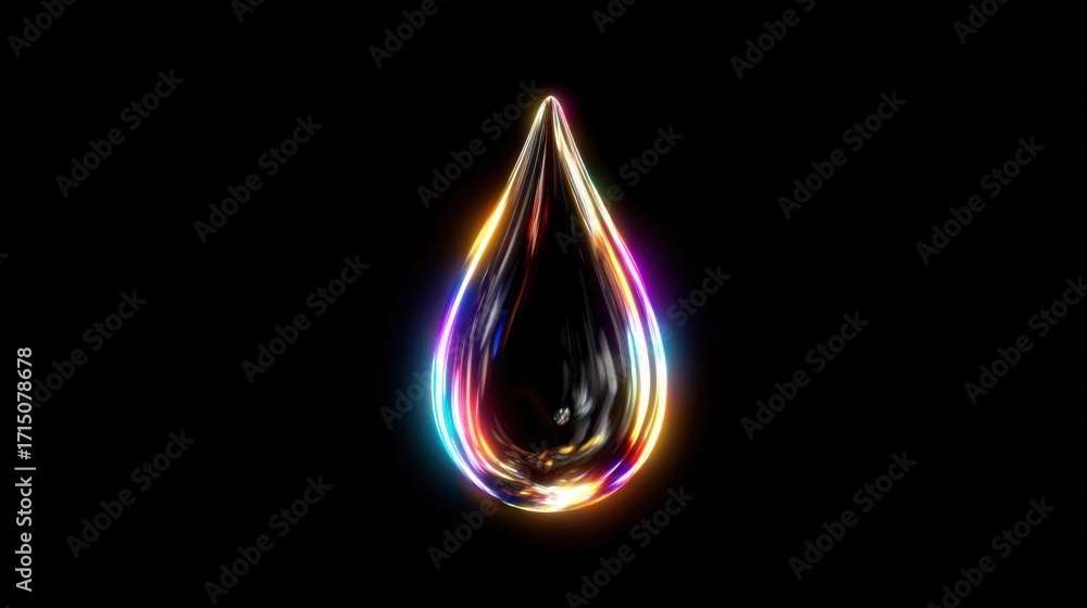 Poster a vibrant drop of liquid glistens with multicolored reflections against a stark black background, cr