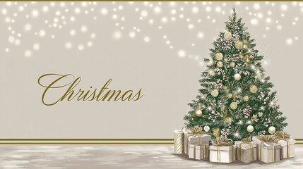 Festive Christmas tree adorned with ornaments and lights, surrounded by beautifully wrapped gifts, creating a warm holiday atmosphere with a soft, glowing background