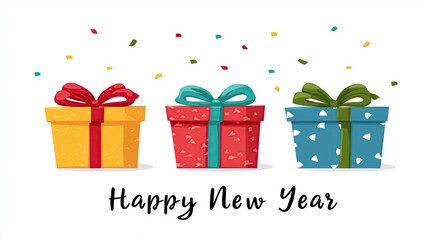 Colorful gift boxes in vibrant hues with decorative ribbons, celebrating festive occasions, surrounded by confetti, conveying joy and excitement for the New Year celebration