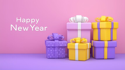 Colorful gift boxes stacked against a vibrant pink background, celebrating the festive season, conveying joy and excitement for the New Year celebration and holiday spirit