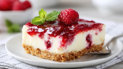 A decadent slice of raspberry cheesecake sits on a white plate, topped with a glossy raspberry glaze and a sprig of mint. The kitchen background is bright and inviting.