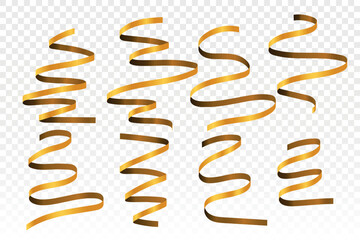Holiday gold serpentine ribbons isolated on transparent vector background. Festive frame with confetti, glitter tinsel, shiny streamer. Pattern for birthday, party, over design.