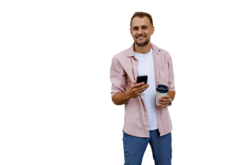 Smiling man standing with smartphone and coffee cup, enjoying casual social media, communicating on transparent background