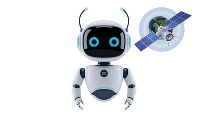 Futuristic robot with Earth and satellite showcases high tech innovation and advanced connectivity
