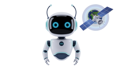 Futuristic robot with Earth and satellite showcases high tech innovation and advanced connectivity