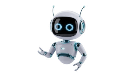 Friendly robot offers a helping hand, futuristic AI assistant with glowing eyes and welcoming gesture