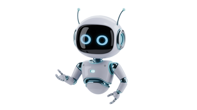 Friendly robot offers a helping hand, futuristic AI assistant with glowing eyes and welcoming gesture