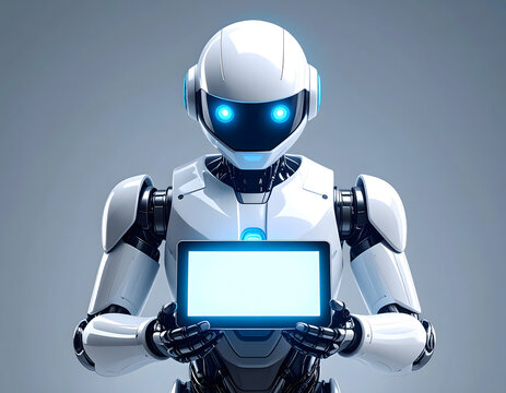 A sleek, friendly robot holding a blank digital screen, on a futuristic silver background.