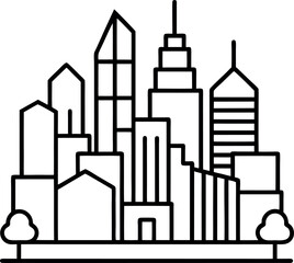 Urban Cityscape with Trees and Mixed Architecture Line Drawing