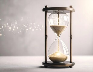 A surreal, artistic shot of sand in the top bulb of an antique hourglass transforming into glowing digital particles as it falls.