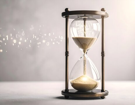 A surreal, artistic shot of sand in the top bulb of an antique hourglass transforming into glowing digital particles as it falls.