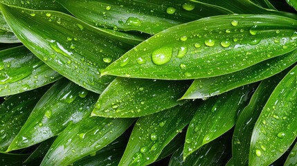 Fototapeta premium Close-up view of lush green leaves covered in water droplets.