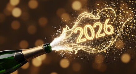 new year 2026- Champagne bottle spraying out 2026 in a burst of golden light and bubbles