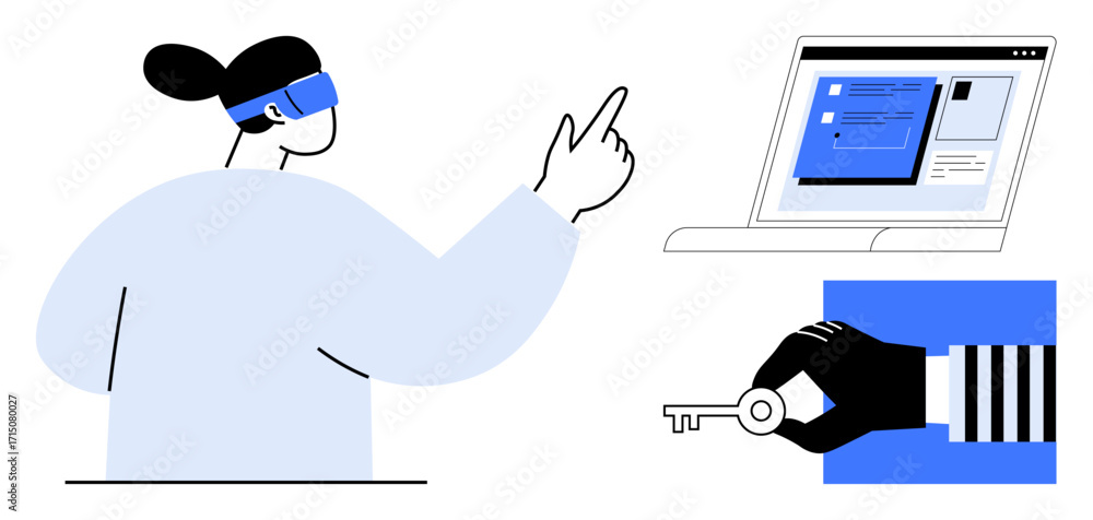 Aufkleber person using virtual reality to interact with digital content, a laptop screen displaying data, and 