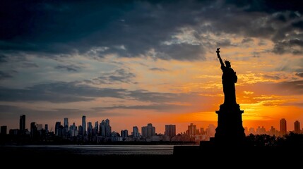 Fototapeta premium Statue of Liberty silhouetted against a vibrant sunset over New York City skyline with clouds in the background