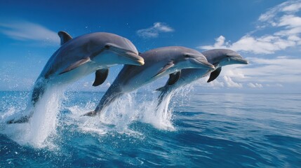 Fototapeta premium A group of three dolphins jumps out of the shimmering ocean, creating splashes as they playfully swim under the bright sunlight in a tropical setting.