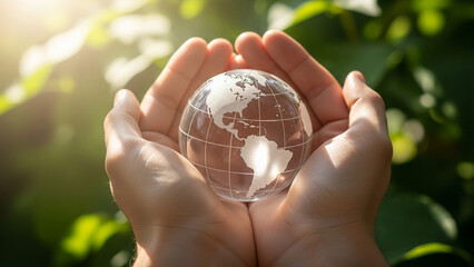 Hands holding a glass globe representing earth with a green foliage background.