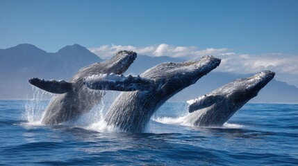 Obraz premium Three humpback whales breach simultaneously, creating splashes as they break the surface of the clear blue ocean. Mountains stand majestically in the background under a sunny sky.