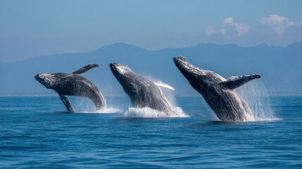 Fototapeta premium Three humpback whales launch into the air, creating impressive splashes in the calm blue ocean. The sun shines brightly as mountainous terrain provides a stunning backdrop.
