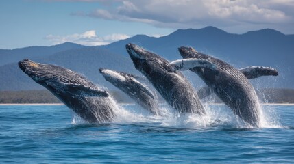 Naklejka premium Five humpback whales are breaching the surface of calm blue waters, creating splashes as they leap. A backdrop of majestic mountains adds to the stunning natural beauty of the scene.