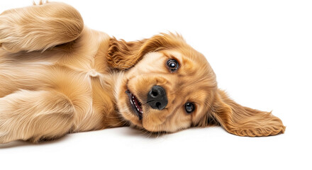 Golden Cocker Spaniel puppy lying on back, light brown fur, playful expression, white background, represents pet happiness, animal love, and carefree joy