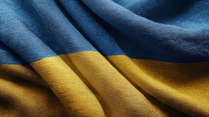 Fototapeta premium Vibrant fabric of the Ukrainian flag gently waving as light reflects off its blue and yellow hues in a soft and textured display