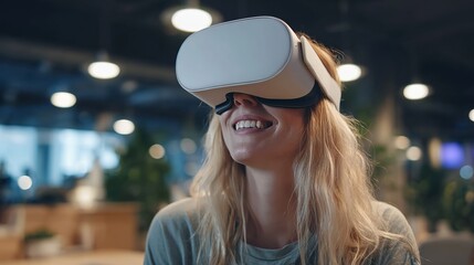 Smiling woman experiencing immersive virtual reality technology with headset in modern office setting