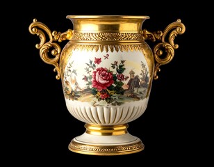 Ornate porcelain vase with intricate gold accents and floral design.