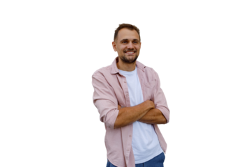 Confident young man with beard crossing arms, smiling, wearing pink shirt and t-shirt, transparent background