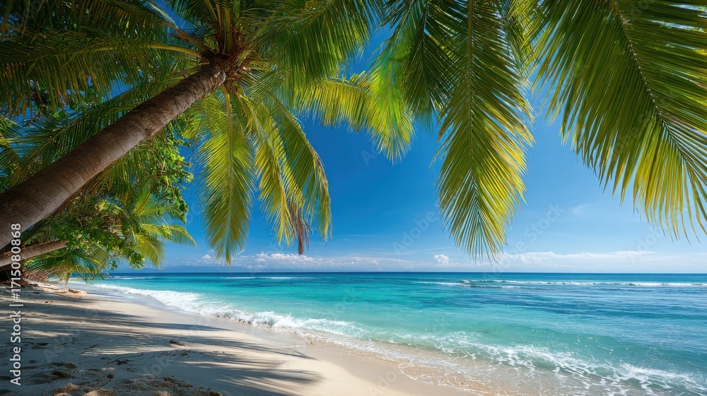 Poster gentle waves lap the white sandy shore as palm trees sway in the soft breeze, creating a tranquil at