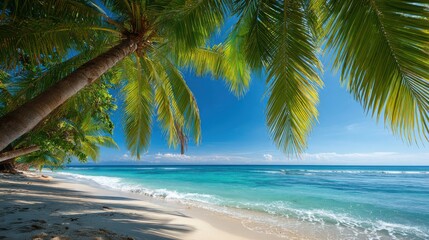 Obraz premium Gentle waves lap the white sandy shore as palm trees sway in the soft breeze, creating a tranquil atmosphere on this idyllic beach setting.