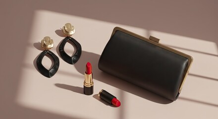 A still life shows a black clutch red lipstick and earrings on a pink surface with lightshadow patterns