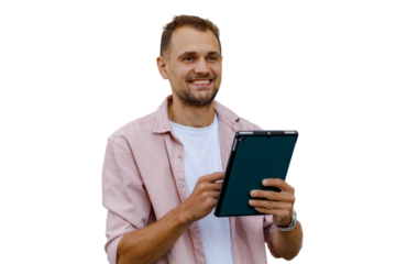 Happy man smiling, using digital tablet, engaging with technology, on a transparent background
