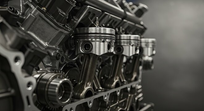 Closeup of a car engine with pistons visible showcasing mechanical components against a blurred gray background - Powered by Adobe